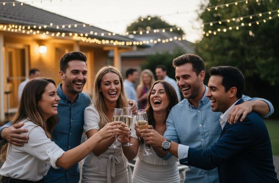 A wide-angle, vibrant party photography Templestowe Lower Victoria shot of friends laughing and dancing under string lights at dusk, capturing an epic moment of pure joy and celebration in a beautifully lit backyard setting.