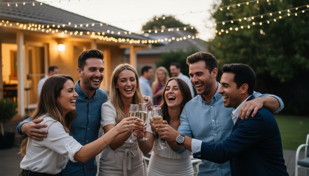A wide-angle, vibrant party photography Templestowe Lower Victoria shot of friends laughing and dancing under string lights at dusk, capturing an epic moment of pure joy and celebration in a beautifully lit backyard setting.