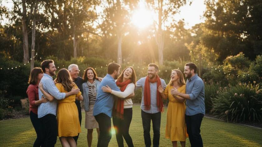 An epic moment of pure joy at a vibrant party in The Basin, Victoria, with guests laughing and dancing under string lights, professionally captured by a party photographer.