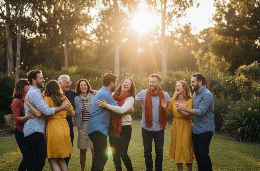 An epic moment of pure joy at a vibrant party in The Basin, Victoria, with guests laughing and dancing under string lights, professionally captured by a party photographer.