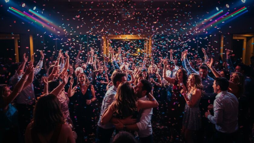 Dynamic wide shot capturing the vibrant party photography Traralgon Victoria special events atmosphere: a group of guests on a dance floor, mid-laughter and movement, confetti falling, illuminated by colourful disco lights at a Traralgon venue, embodying pure joy and celebration.