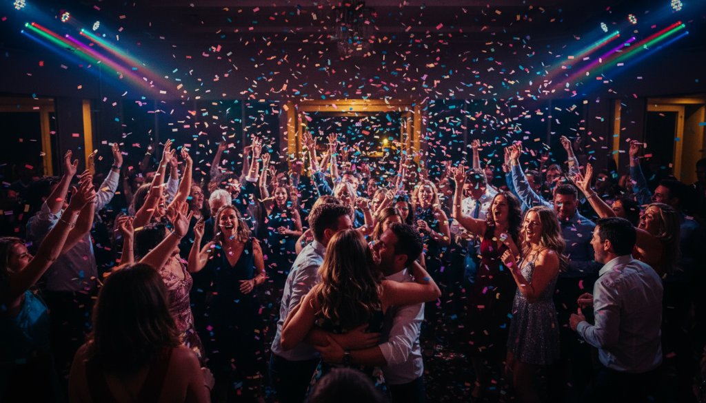 Dynamic wide shot capturing the vibrant party photography Traralgon Victoria special events atmosphere: a group of guests on a dance floor, mid-laughter and movement, confetti falling, illuminated by colourful disco lights at a Traralgon venue, embodying pure joy and celebration.
