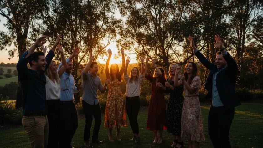 Dynamic wide shot showcasing vibrant party photography in Wonga Park, featuring a group of friends laughing joyously under string lights at dusk, with the Yarra Valley hills subtly blurred in the background, professional colour grading.