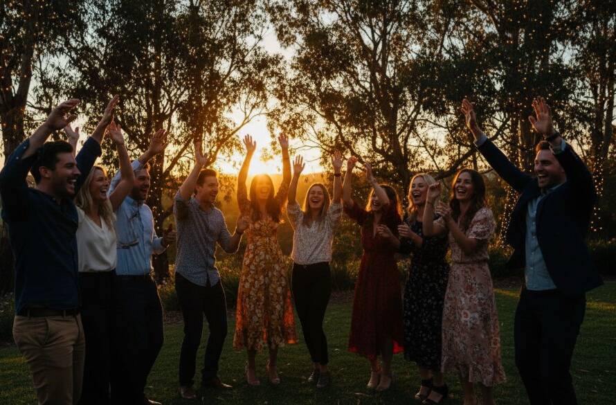 Dynamic wide shot showcasing vibrant party photography in Wonga Park, featuring a group of friends laughing joyously under string lights at dusk, with the Yarra Valley hills subtly blurred in the background, professional colour grading.