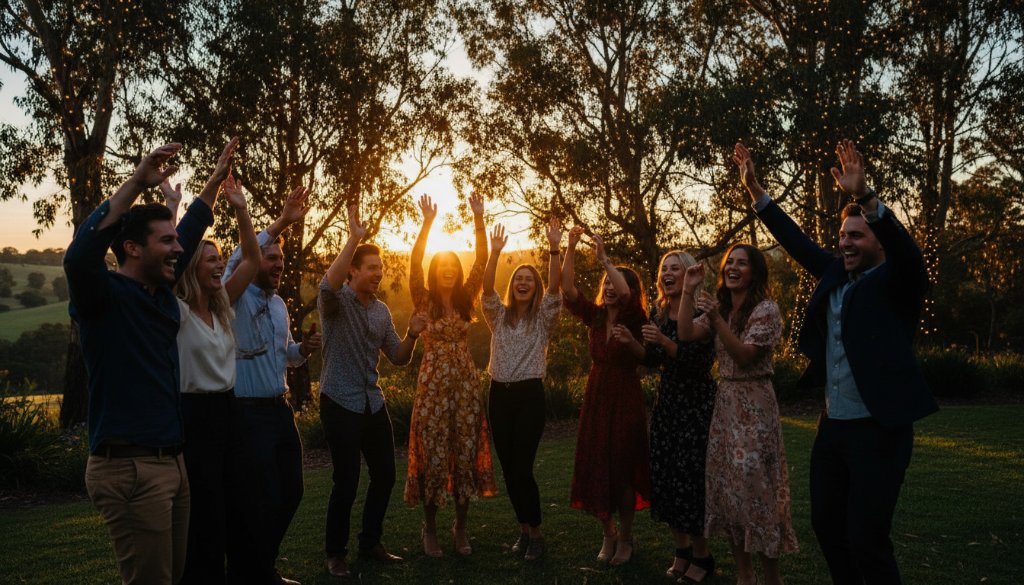Dynamic wide shot showcasing vibrant party photography in Wonga Park, featuring a group of friends laughing joyously under string lights at dusk, with the Yarra Valley hills subtly blurred in the background, professional colour grading.