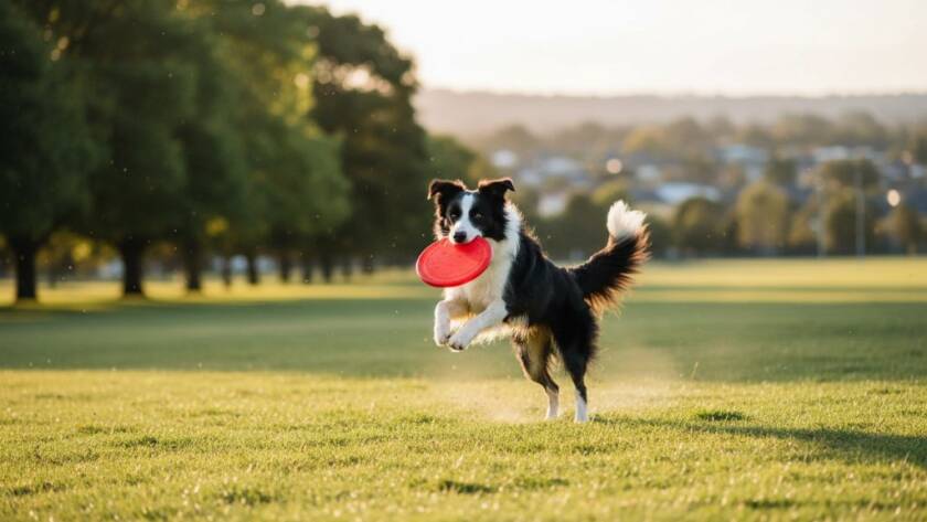 A heartwarming and vibrant pet photography session in Narre Warren South, capturing a golden retriever mid-leap, joyfully playing with its owner in a sun-drenched park, showcasing an epic moment of connection and happiness.