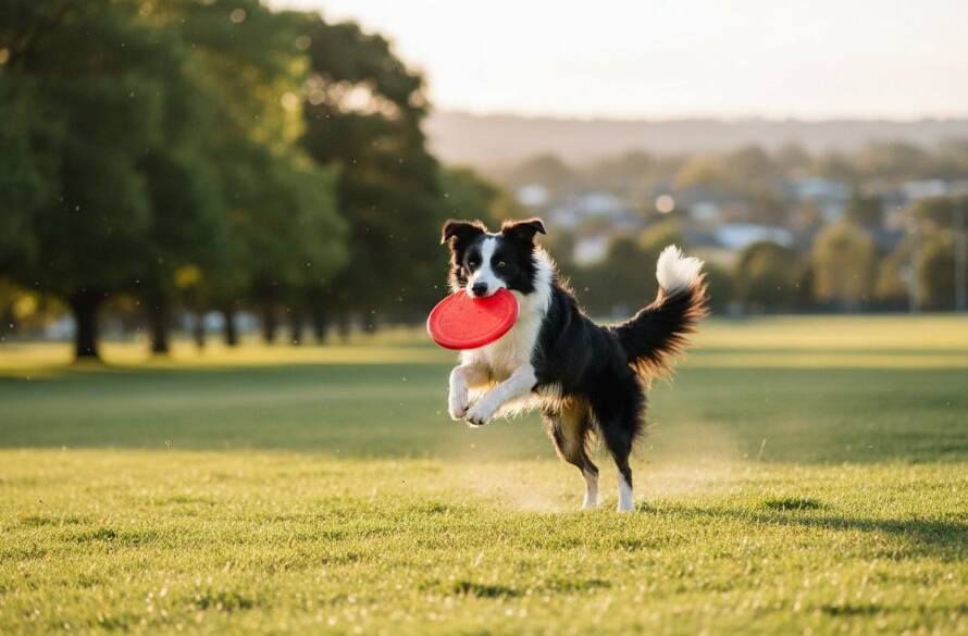 A heartwarming and vibrant pet photography session in Narre Warren South, capturing a golden retriever mid-leap, joyfully playing with its owner in a sun-drenched park, showcasing an epic moment of connection and happiness.