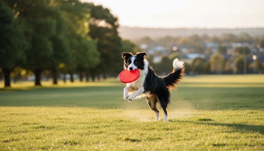 A heartwarming and vibrant pet photography session in Narre Warren South, capturing a golden retriever mid-leap, joyfully playing with its owner in a sun-drenched park, showcasing an epic moment of connection and happiness.