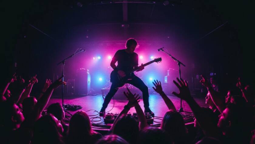 A dynamic and vibrant Point Cook concert photography capturing local bands' soul, featuring a lead guitarist bathed in dramatic stage lights, mid-jump, with a blurred, energetic crowd in the foreground.