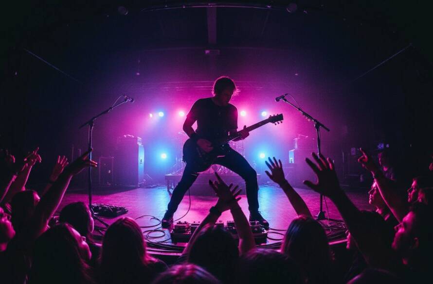A dynamic and vibrant Point Cook concert photography capturing local bands' soul, featuring a lead guitarist bathed in dramatic stage lights, mid-jump, with a blurred, energetic crowd in the foreground.