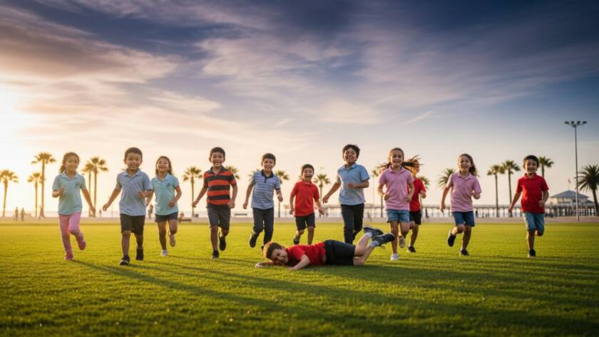 An epic moment captured in vibrant primary school photography Altona Victoria: A group of diverse primary school children in their uniforms, laughing joyfully together on a sunny, green sports field with the iconic Altona beach esplanade and a hint of the pier in the soft-focus background at golden hour. Dramatic, warm backlighting highlights their happy expressions, creating a professional, colour-graded, cinematic photograph.