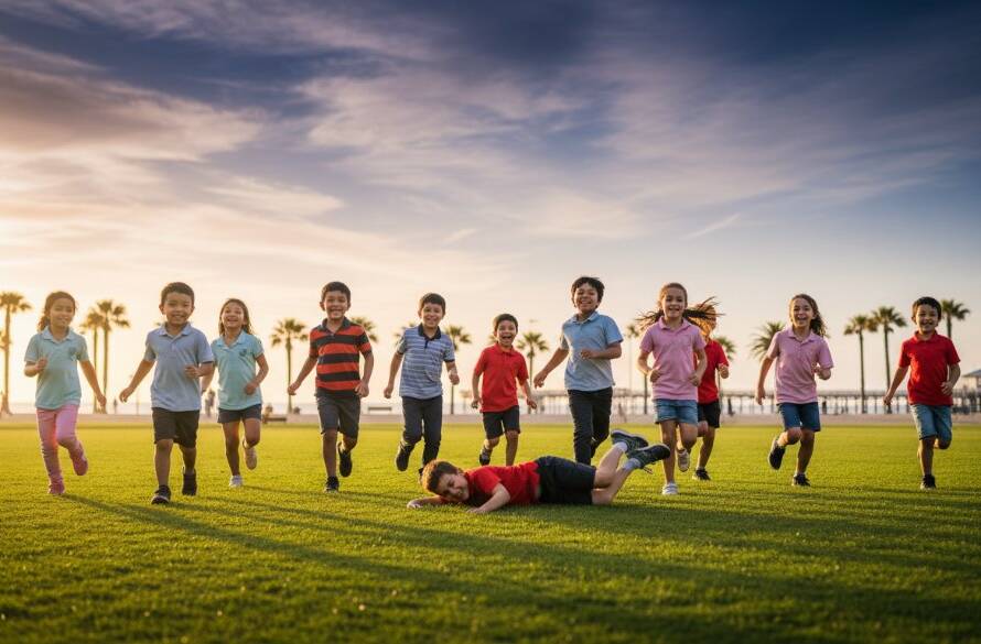 An epic moment captured in vibrant primary school photography Altona Victoria: A group of diverse primary school children in their uniforms, laughing joyfully together on a sunny, green sports field with the iconic Altona beach esplanade and a hint of the pier in the soft-focus background at golden hour. Dramatic, warm backlighting highlights their happy expressions, creating a professional, colour-graded, cinematic photograph.