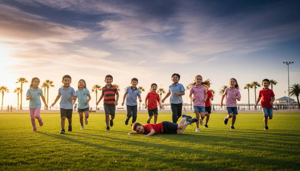 An epic moment captured in vibrant primary school photography Altona Victoria: A group of diverse primary school children in their uniforms, laughing joyfully together on a sunny, green sports field with the iconic Altona beach esplanade and a hint of the pier in the soft-focus background at golden hour. Dramatic, warm backlighting highlights their happy expressions, creating a professional, colour-graded, cinematic photograph.