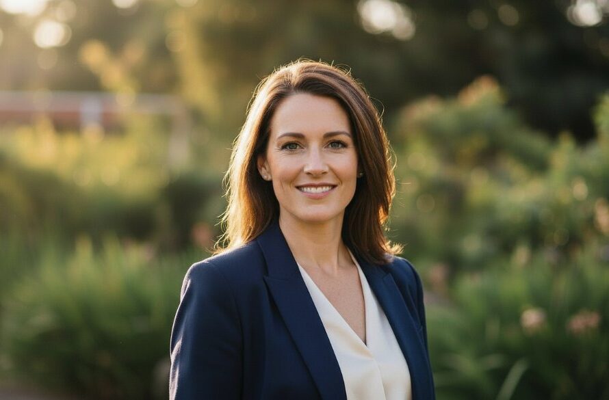 A confident professional, bathed in the soft glow of golden hour light near the Barwon River in Highton, showcasing vibrant professional headshots Highton elevating Geelong careers, captured with dramatic depth of field.