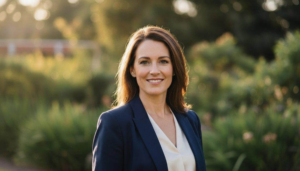 A confident professional, bathed in the soft glow of golden hour light near the Barwon River in Highton, showcasing vibrant professional headshots Highton elevating Geelong careers, captured with dramatic depth of field.