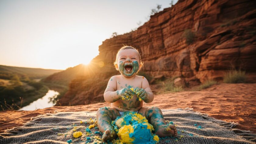 A wide-angle, dramatic shot of a baby enthusiastically smashing a colourful birthday cake outdoors with the iconic red cliffs of Red Cliffs, Victoria, in the softly blurred background, capturing a vibrant Red Cliffs cake smash photography celebration with golden hour light.
