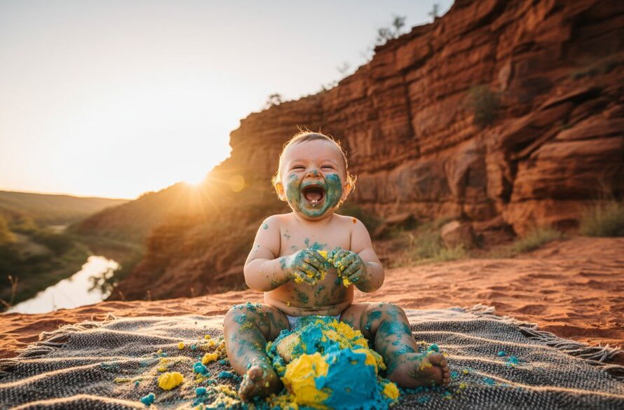 A wide-angle, dramatic shot of a baby enthusiastically smashing a colourful birthday cake outdoors with the iconic red cliffs of Red Cliffs, Victoria, in the softly blurred background, capturing a vibrant Red Cliffs cake smash photography celebration with golden hour light.