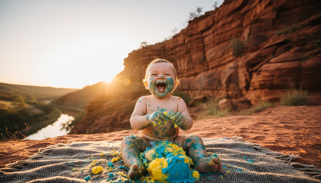 A wide-angle, dramatic shot of a baby enthusiastically smashing a colourful birthday cake outdoors with the iconic red cliffs of Red Cliffs, Victoria, in the softly blurred background, capturing a vibrant Red Cliffs cake smash photography celebration with golden hour light.