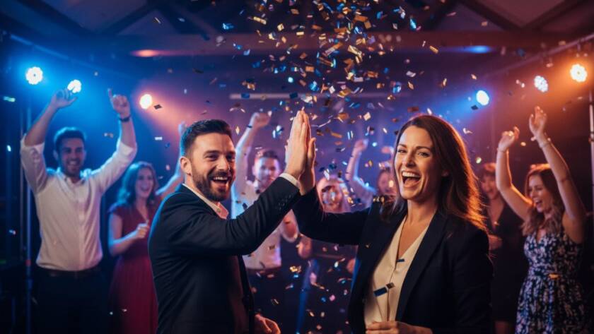 An ecstatic group of friends in Ringwood, mid-laughter and dance, beautifully illuminated by colourful ambient lights, showcasing vibrant Ringwood party photography capturing candid joy at a lively birthday celebration.