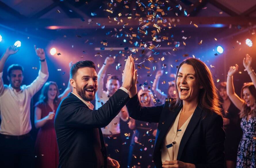 An ecstatic group of friends in Ringwood, mid-laughter and dance, beautifully illuminated by colourful ambient lights, showcasing vibrant Ringwood party photography capturing candid joy at a lively birthday celebration.