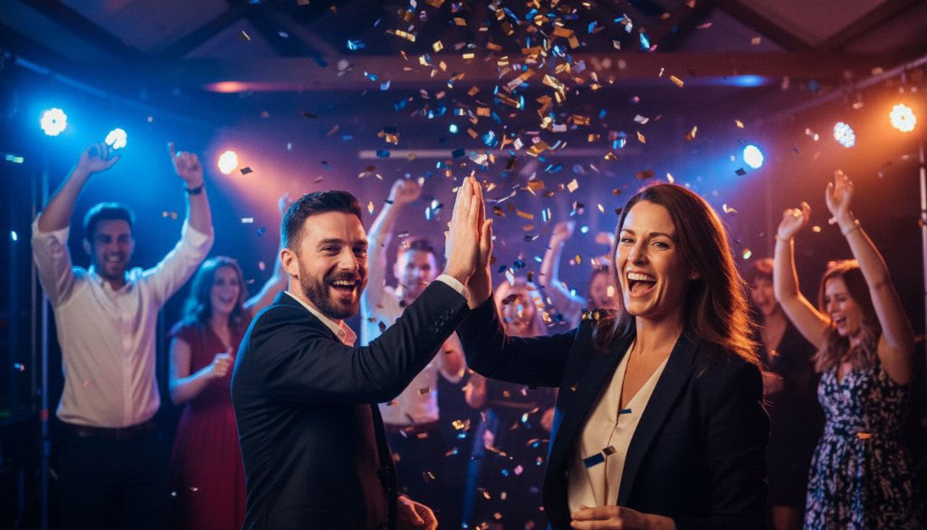 An ecstatic group of friends in Ringwood, mid-laughter and dance, beautifully illuminated by colourful ambient lights, showcasing vibrant Ringwood party photography capturing candid joy at a lively birthday celebration.