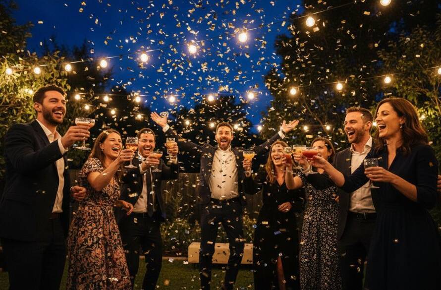 An epic moment of vibrant Ringwood party photography capturing candid joy, featuring a diverse group of friends laughing and high-fiving under dramatic string lights at an outdoor evening celebration in Ringwood, Victoria, with a sense of genuine connection and excitement.