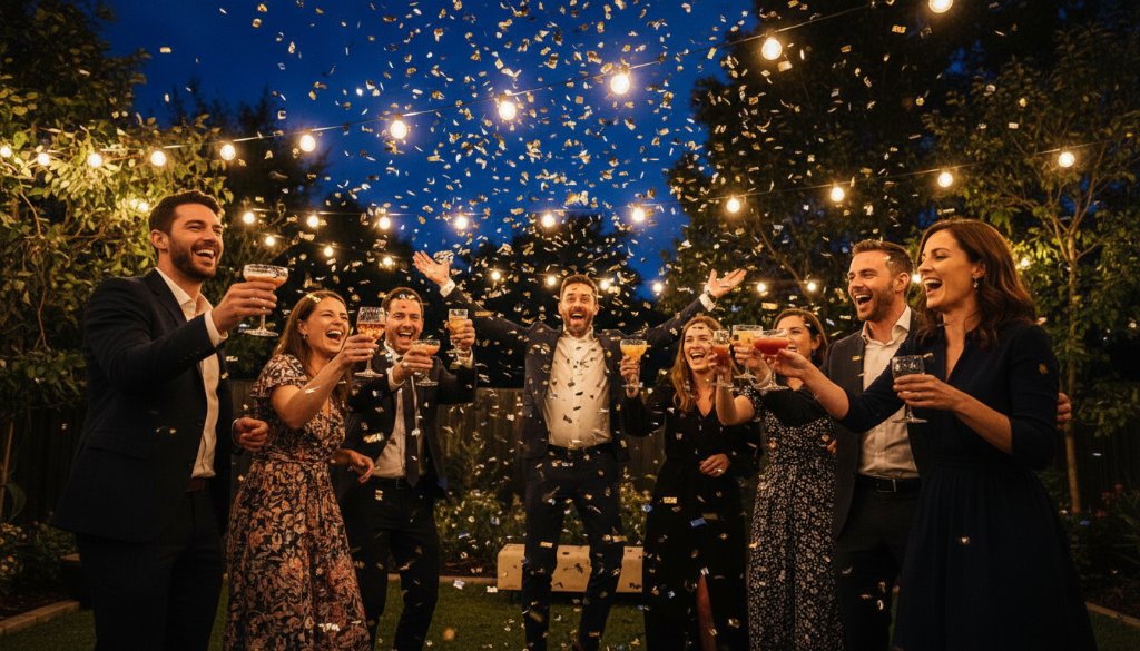 An epic moment of vibrant Ringwood party photography capturing candid joy, featuring a diverse group of friends laughing and high-fiving under dramatic string lights at an outdoor evening celebration in Ringwood, Victoria, with a sense of genuine connection and excitement.