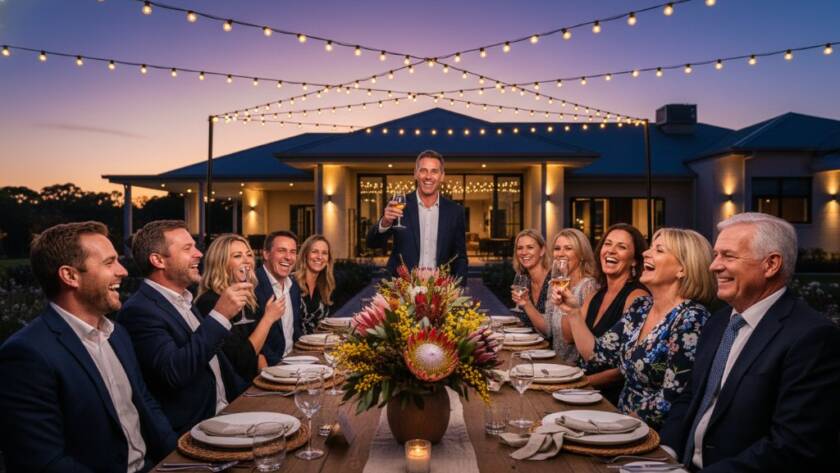 A vibrant Sandhurst party photography capture of friends mid-laugh, silhouetted against a dazzling sunset over the Sandhurst Club golf course, creating an unforgettable celebration moment.