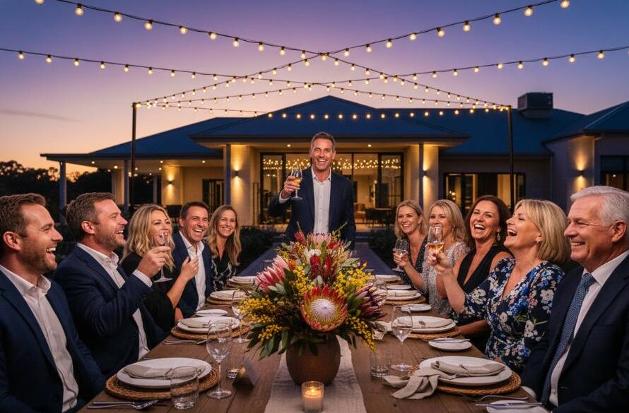 A vibrant Sandhurst party photography capture of friends mid-laugh, silhouetted against a dazzling sunset over the Sandhurst Club golf course, creating an unforgettable celebration moment.