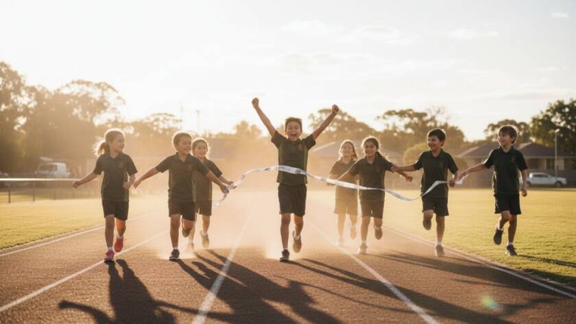 A group of diverse, smiling primary school children in Blackburn South, Victoria, celebrating a sporting victory on a sunny oval, perfectly captured with vibrant school photography Blackburn South lasting memories, showing joyful movement and camaraderie in dramatic lighting.