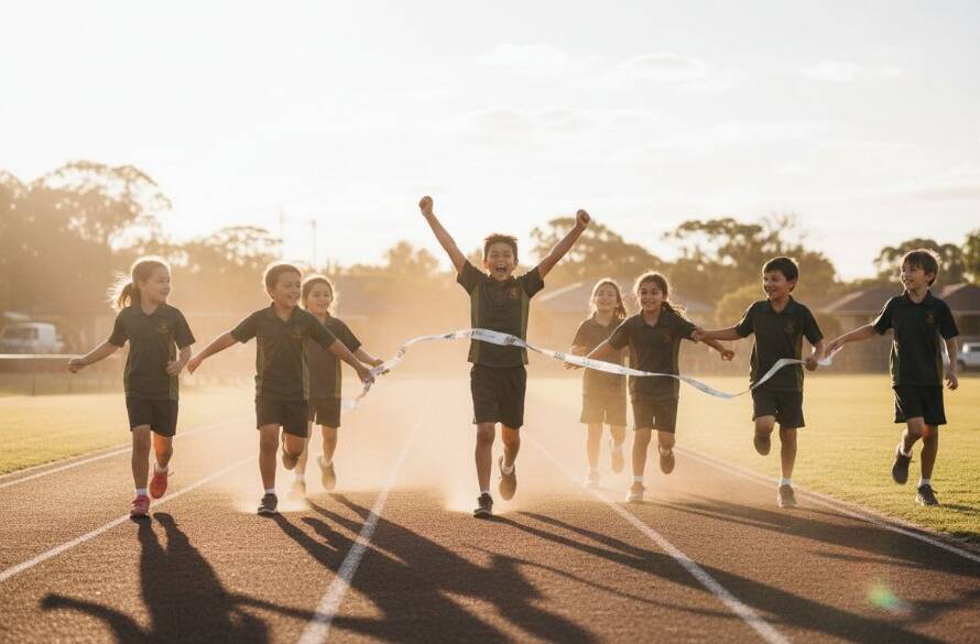 A group of diverse, smiling primary school children in Blackburn South, Victoria, celebrating a sporting victory on a sunny oval, perfectly captured with vibrant school photography Blackburn South lasting memories, showing joyful movement and camaraderie in dramatic lighting.