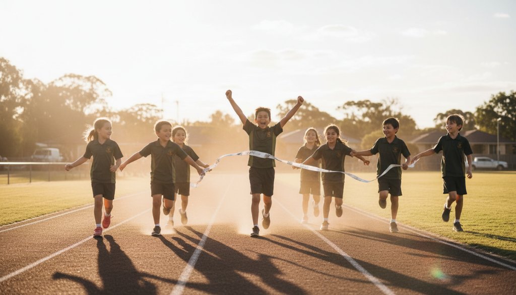 A group of diverse, smiling primary school children in Blackburn South, Victoria, celebrating a sporting victory on a sunny oval, perfectly captured with vibrant school photography Blackburn South lasting memories, showing joyful movement and camaraderie in dramatic lighting.
