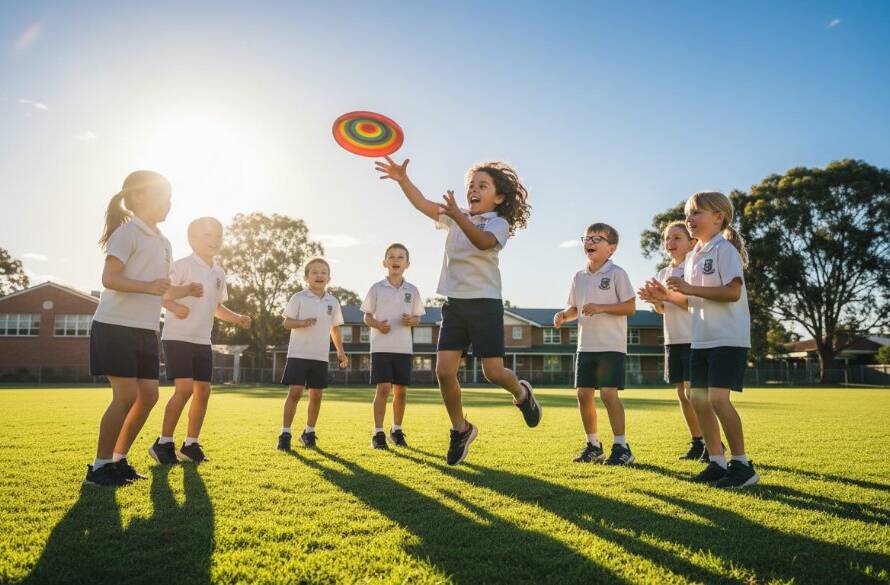 A wide-angle, vibrant school photography Brighton East capture memories shot, showing a diverse group of primary school children laughing joyfully on a sunny oval at a Brighton East school, with the iconic architecture of a local school building in the background and dappled sunlight creating a warm, nostalgic glow, celebrating the energy of school life.