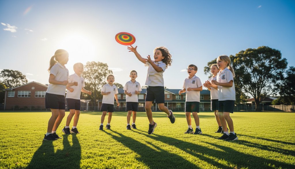A wide-angle, vibrant school photography Brighton East capture memories shot, showing a diverse group of primary school children laughing joyfully on a sunny oval at a Brighton East school, with the iconic architecture of a local school building in the background and dappled sunlight creating a warm, nostalgic glow, celebrating the energy of school life.