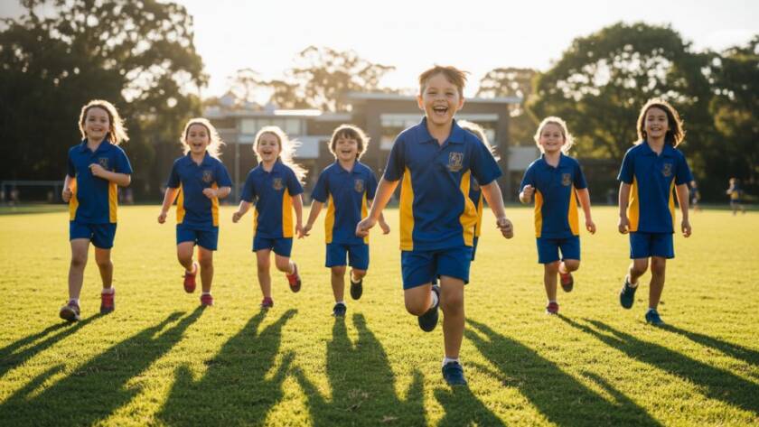 A vibrant, candid photograph capturing a group of happy primary school children engaging in an outdoor activity on a sunny day during Vibrant School Photography Doncaster East Victoria, with warm, professional lighting.