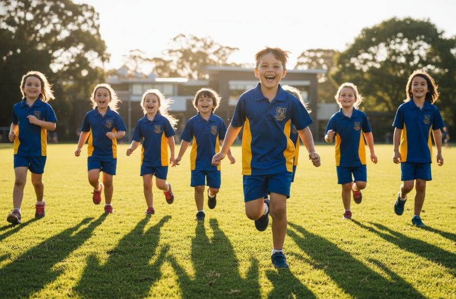 A vibrant, candid photograph capturing a group of happy primary school children engaging in an outdoor activity on a sunny day during Vibrant School Photography Doncaster East Victoria, with warm, professional lighting.