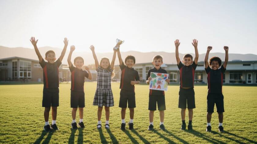A wide-angle, cinematic shot capturing vibrant school photography in Rowville Victoria, featuring a group of diverse primary school students laughing joyfully in a sun-drenched playground, with a teacher gently guiding them, showing genuine connection and fun.