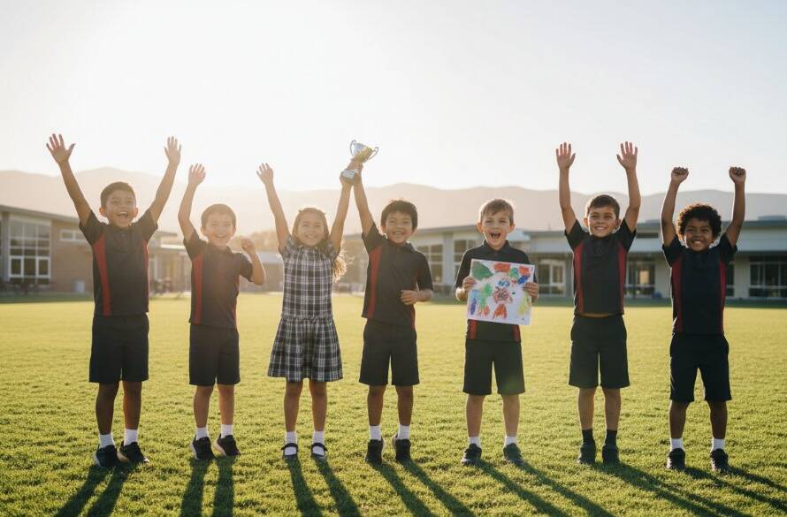 A wide-angle, cinematic shot capturing vibrant school photography in Rowville Victoria, featuring a group of diverse primary school students laughing joyfully in a sun-drenched playground, with a teacher gently guiding them, showing genuine connection and fun.