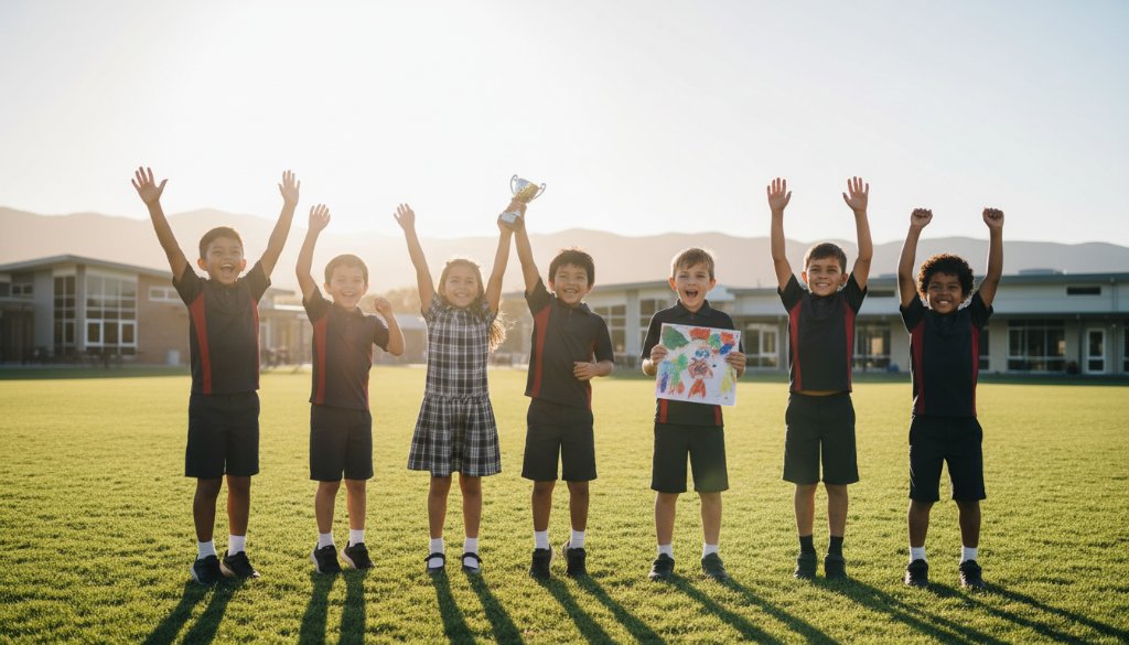 A wide-angle, cinematic shot capturing vibrant school photography in Rowville Victoria, featuring a group of diverse primary school students laughing joyfully in a sun-drenched playground, with a teacher gently guiding them, showing genuine connection and fun.