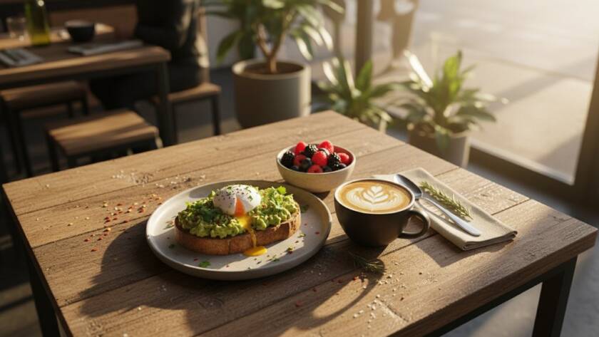 A dramatically lit flat lay of a perfectly styled brunch spread in a sun-drenched cafe, showcasing vibrant Scoresby cafe food photography with steam rising from a coffee cup and golden light highlighting fresh ingredients.