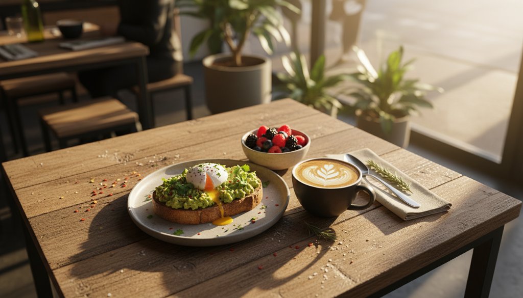 A dramatically lit flat lay of a perfectly styled brunch spread in a sun-drenched cafe, showcasing vibrant Scoresby cafe food photography with steam rising from a coffee cup and golden light highlighting fresh ingredients.