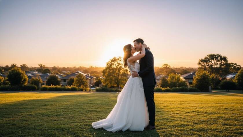 A newlywed couple shares a vibrant, unforgettable moment at sunset in Scoresby, Victoria, silhouetted against a golden sky, showcasing expert Scoresby wedding photography by Image by SD.