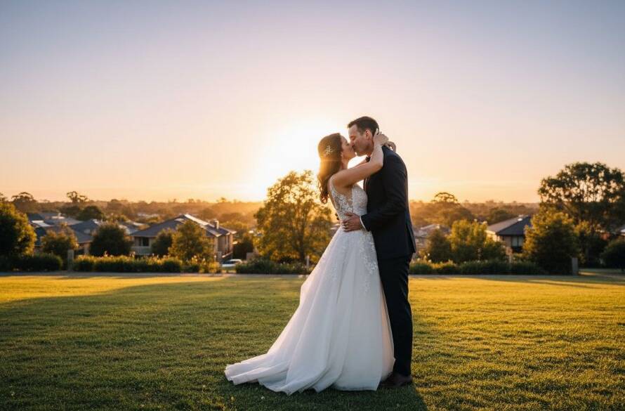 A newlywed couple shares a vibrant, unforgettable moment at sunset in Scoresby, Victoria, silhouetted against a golden sky, showcasing expert Scoresby wedding photography by Image by SD.