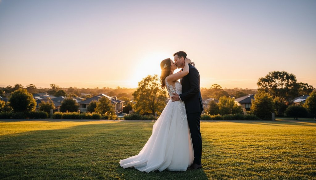 A newlywed couple shares a vibrant, unforgettable moment at sunset in Scoresby, Victoria, silhouetted against a golden sky, showcasing expert Scoresby wedding photography by Image by SD.