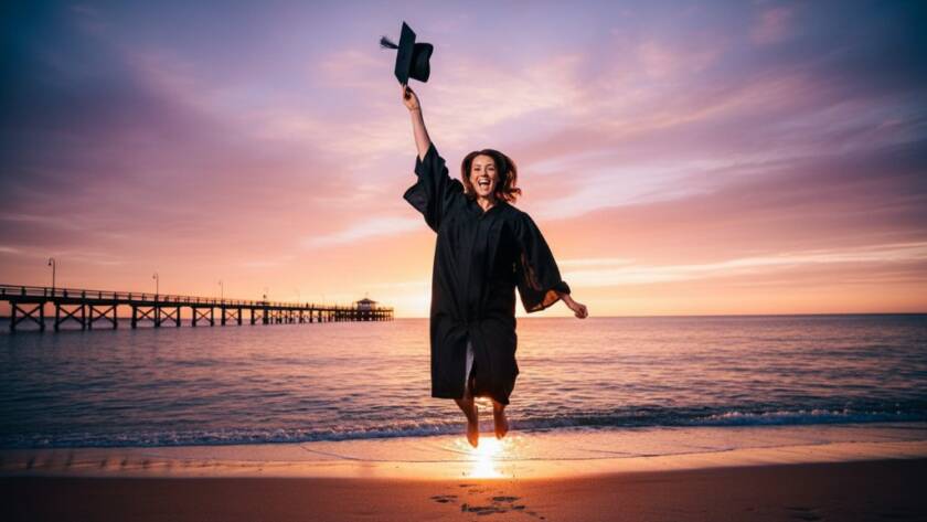 A jubilant graduate in their cap and gown, framed by the golden hour sun setting over Seaford Beach, celebrating their achievement. This vibrant Seaford Beach graduation photos Victoria moment captures pure joy.