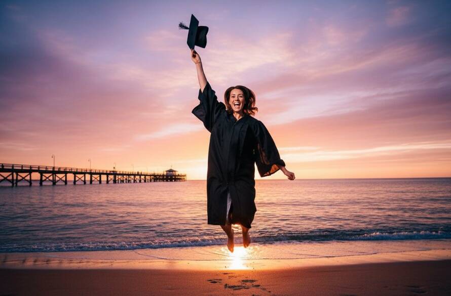 A jubilant graduate in their cap and gown, framed by the golden hour sun setting over Seaford Beach, celebrating their achievement. This vibrant Seaford Beach graduation photos Victoria moment captures pure joy.
