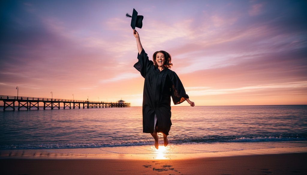 A jubilant graduate in their cap and gown, framed by the golden hour sun setting over Seaford Beach, celebrating their achievement. This vibrant Seaford Beach graduation photos Victoria moment captures pure joy.