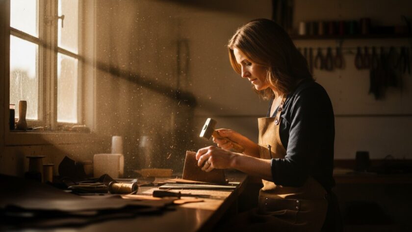 An inspiring wide-angle shot capturing a local artisan in Seymour, Victoria, expertly crafting bespoke ceramics in a sunlit studio, demonstrating the vibrant Seymour business storytelling photography with dramatic backlighting and authentic expressions.