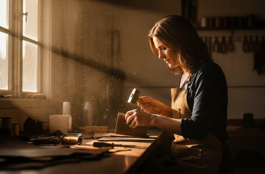 An inspiring wide-angle shot capturing a local artisan in Seymour, Victoria, expertly crafting bespoke ceramics in a sunlit studio, demonstrating the vibrant Seymour business storytelling photography with dramatic backlighting and authentic expressions.