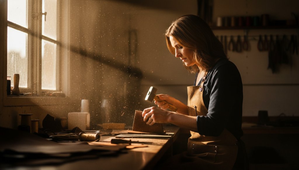 An inspiring wide-angle shot capturing a local artisan in Seymour, Victoria, expertly crafting bespoke ceramics in a sunlit studio, demonstrating the vibrant Seymour business storytelling photography with dramatic backlighting and authentic expressions.